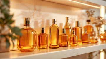 Shelf of elegant amber fragrance bottles, designer scent dupes for the home