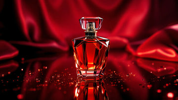 Opulent red and amber still-life evoking a Baccarat Rouge 540 inspired scent