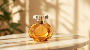 Warm luxury home vignette in champagne and ivory tones with an amber fragrance bottle