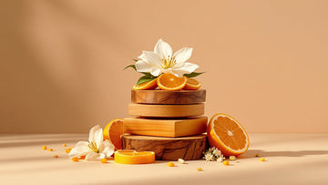 Layered still-life illustrating top, middle and base fragrance notes