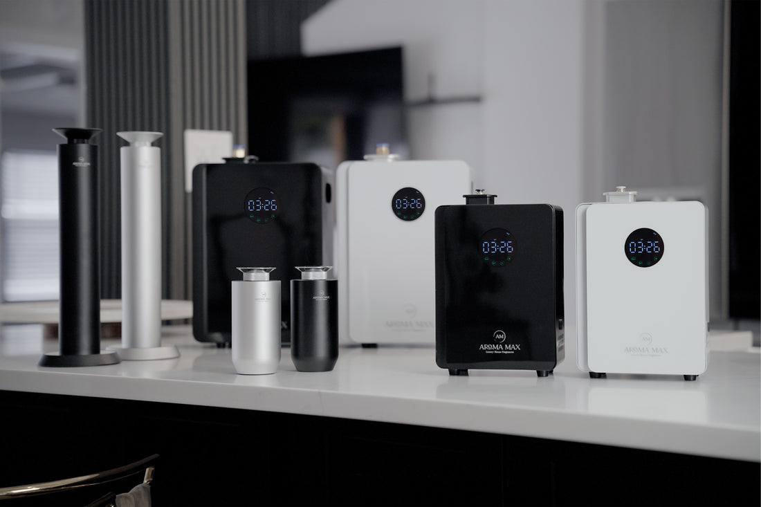 Aroma Max cold-air and HVAC scent diffuser product lineup on a modern kitchen counter