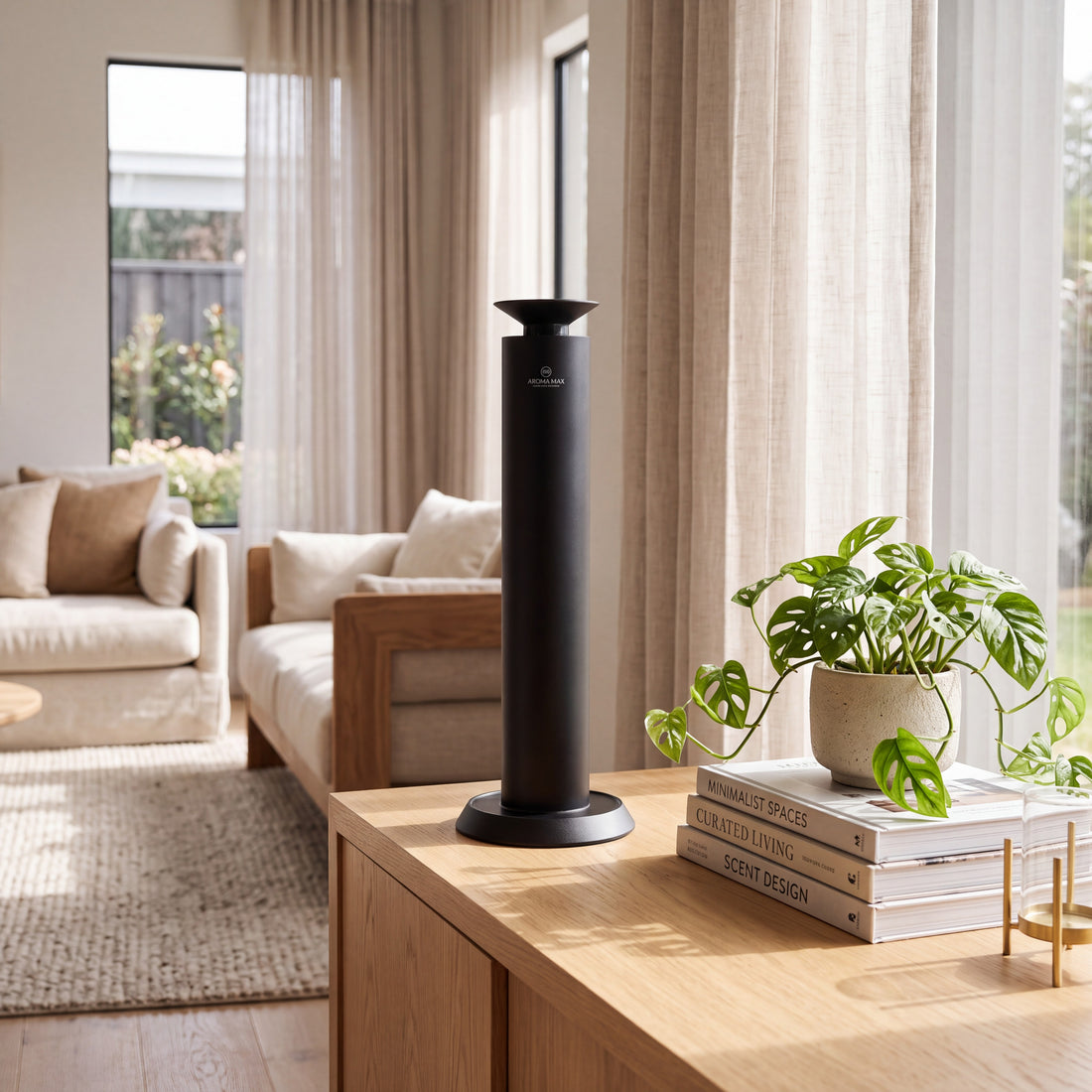 Mini Pro silver cold-air scent diffuser styled on a marble bathroom vanity – Aroma Max