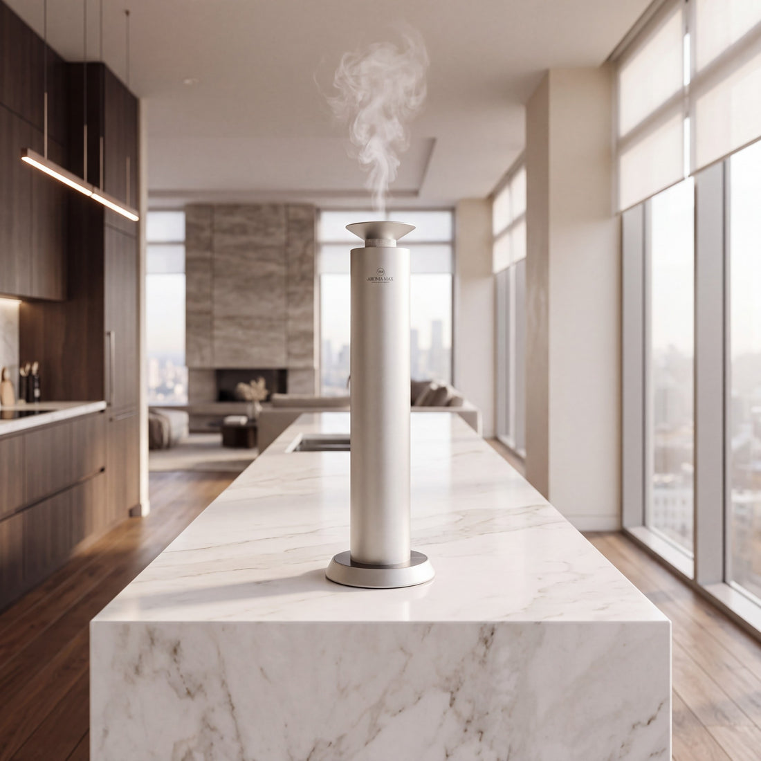 Aroma Max Mini Pro cold-air scent diffuser on a white marble kitchen island in a luxury home, scented mist rising
