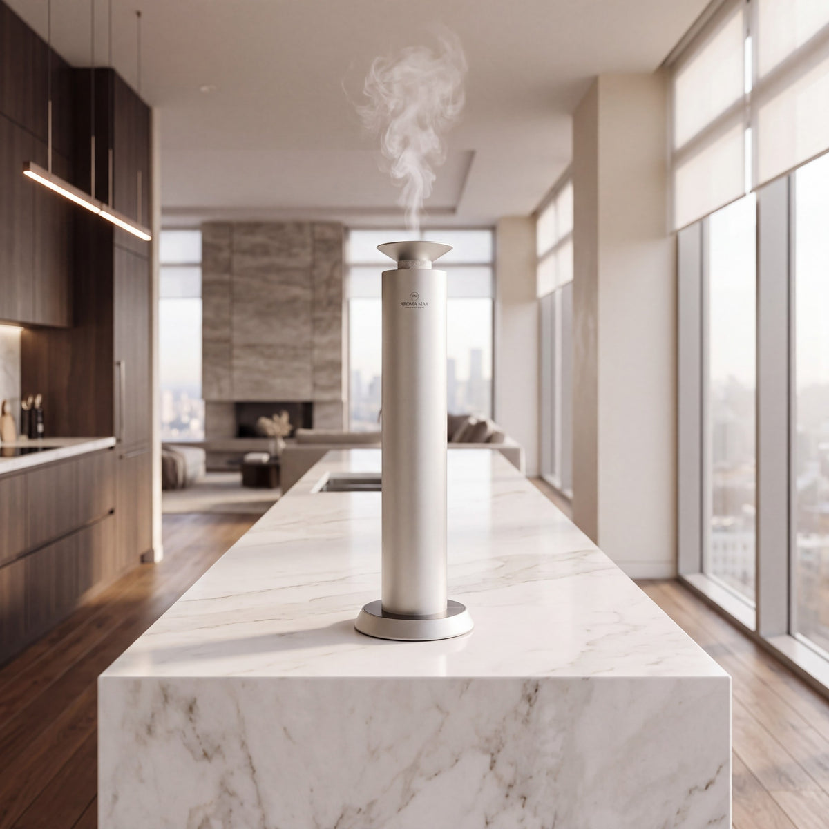 Aroma Max Mini Pro cold-air scent diffuser on a white marble kitchen island in a luxury home, scented mist rising