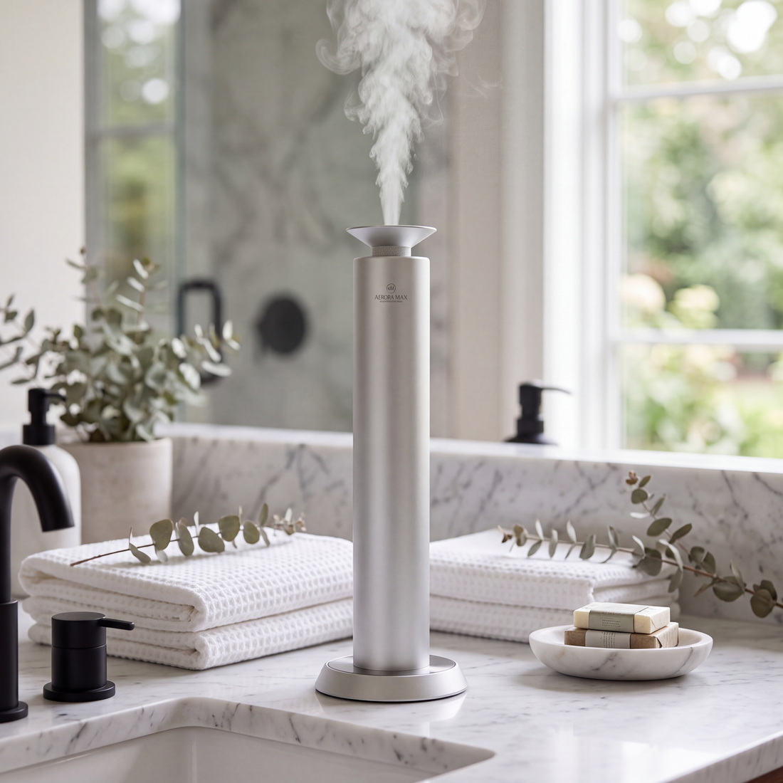 Mini Pro silver cold-air scent diffuser styled on a marble bathroom vanity – Aroma Max